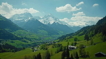 Alpine Landscape with Snowy Peaks and Lush Meadows
