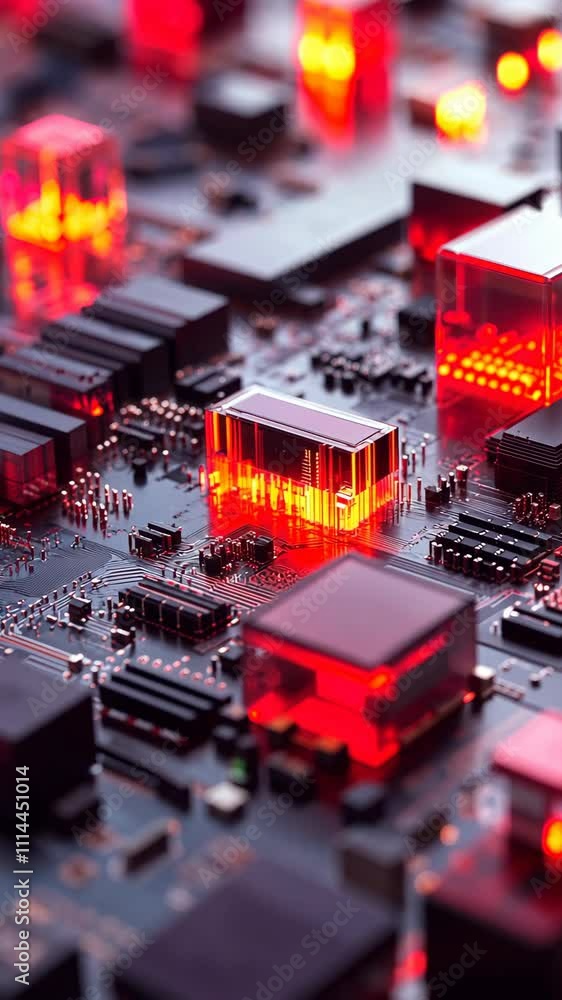 Aufkleber vibrant computer circuit board illuminated with red lights and intricate electronic components in cl