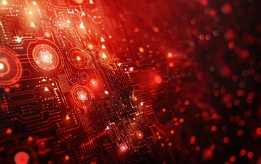 Abstract Red Circuit Board with Glowing Lights
