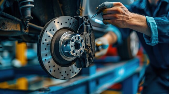 Mechanic Working on a Car's Brake System