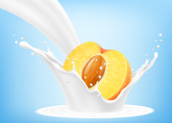 Fresh ripe apricot falls into a splash of yogurt or milk, cocktail splash with drops, Milkshake splash with sweet juicy fruit. Realistic 3d vector illustration