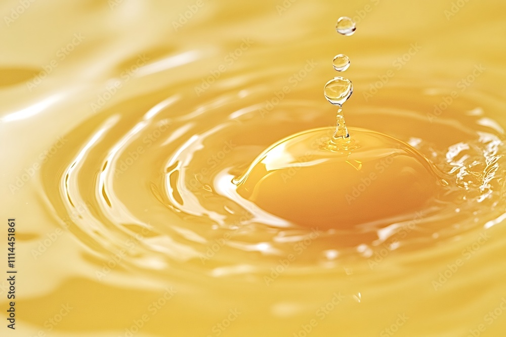 Poster droplets of water falling onto a golden liquid surface create mesmerizing concentric ripples, enhanc