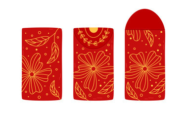 Angpao red envelopes front, back views. Open and close. Hongbao vector isolated elements. Asian festive envelope with intricate floral ornament, flowers. Traditional gift for Lunar New Year
