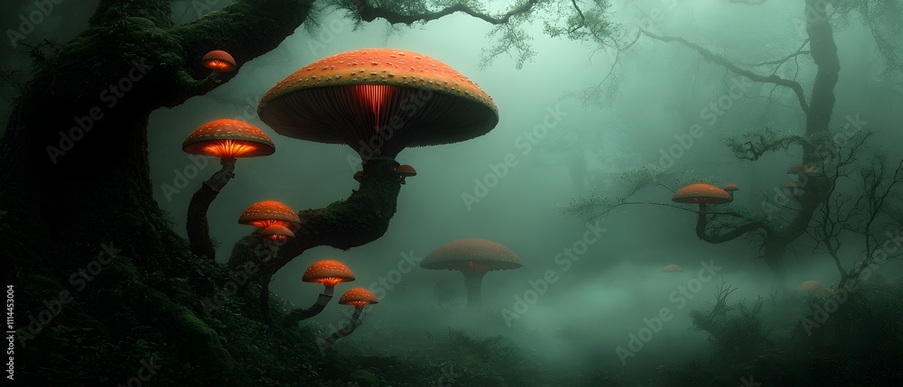 Poster serene and ethereal glowing fungi nestled in an ancient primeval forest bathed in soft and detailed 