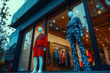 Fashion storefront with stylish mannequins displaying modern outfits.