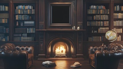 A traditional library-style study with a dark mahogany frame above a fireplace, surrounded by tall bookshelves, leather chairs, and a vintage globe.