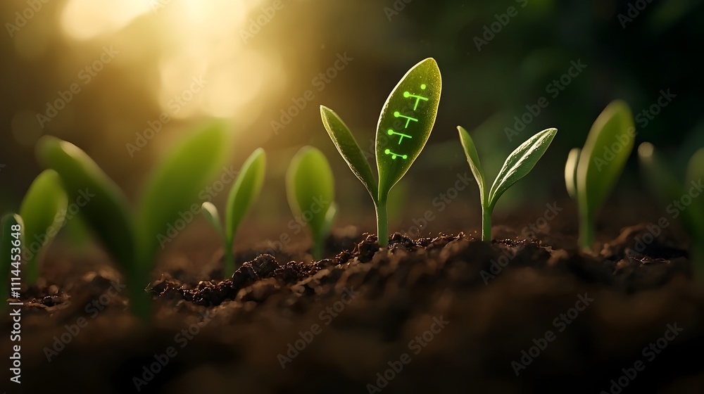 Poster lush green corn seedling sprouts bursting forth from rich fertile soil with precision sensors monito