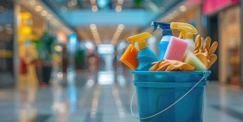 Cleaning Supplies in a Blue Bucket in a Shopping Mall