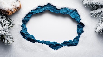 A textured, snowy backdrop featuring a torn blue paper frame surrounded by frosty pine branches, perfect for winter-themed designs.