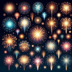 Naklejka premium Big set of various fireworks with brightly shining sparks. Colorful pyrotechnics show. Realistic fireworks celebration isolated vector illustration. Beautiful light performance in night sky