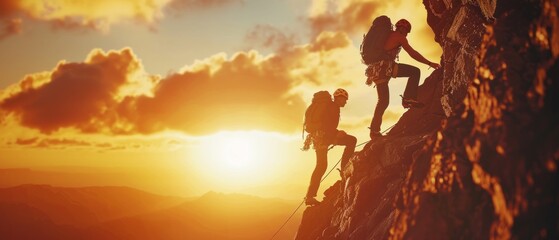 Two Climbers Scaling a Mountain at Sunset