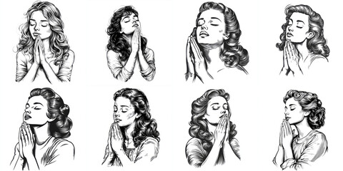 Expressions of Contemplation and Prayer - Vintage collection of elegant illustrations depicting women in various poses of prayer and reflection, showcasing deep emotions and spiritual connection.