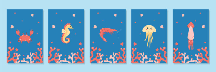 Collection of interior posters with marine animals on blue background. Character in children's style. vector illustration.