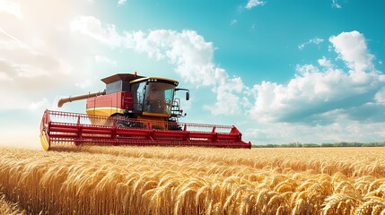 Fototapeta premium A bright red combine harvester efficiently harvesting golden wheat under a blue sky.