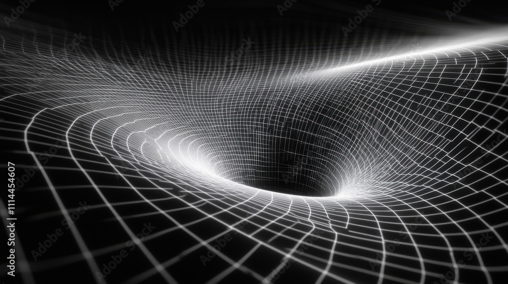 Poster exploring the mysterious depths of a black hole with intricate grid patterns in space