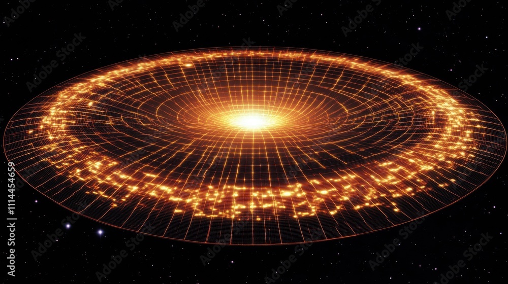Poster cosmic spiral with glowing stars and intricate grid pattern in deep space