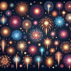 Big set of various fireworks with brightly shining sparks. Colorful pyrotechnics show. Realistic fireworks celebration isolated vector illustration. Beautiful light performance in night sky.