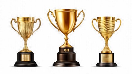 Three elegant golden trophies symbolizing achievement and success. Perfect for recognizing winners and outstanding performances.