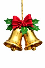 Two gold bells decorated with oculus leaves, red berries and red bows. Isolated on a white background.