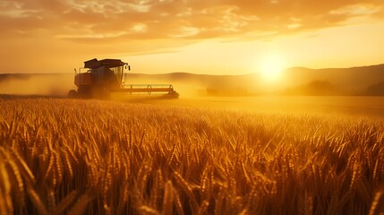 Fototapeta premium A red combine harvester working in a golden wheat field during sunrise, creating a serene farming atmosphere.