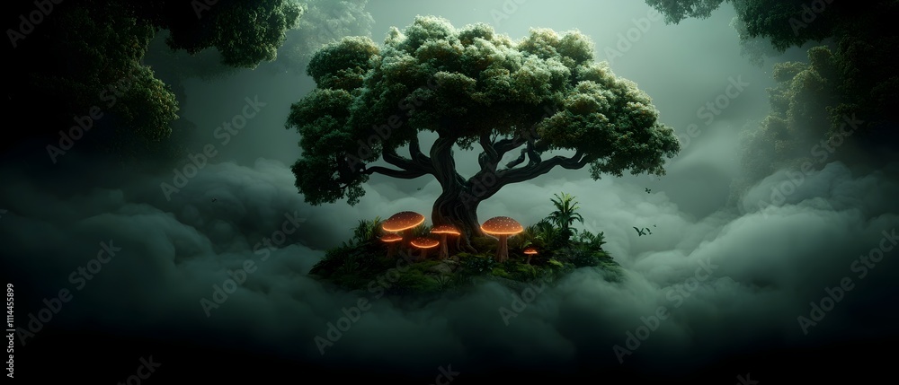 Poster serene otherworldly green planet with towering ancient trees glowing fungi and ethereal mists creati