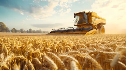 Fototapeta premium A large yellow combine harvester works in a golden wheat field under a bright sky.