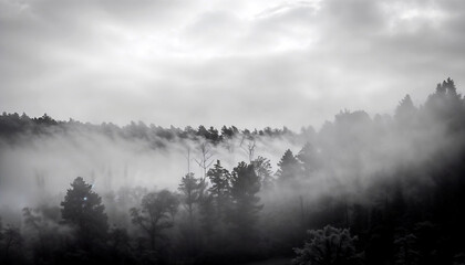 A foggy forest with trees and birds flying in the sky