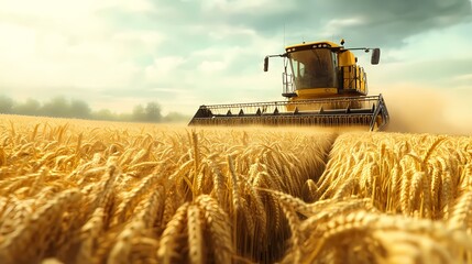 Fototapeta premium A yellow combine harvester in a golden wheat field, capturing the essence of the harvest season.