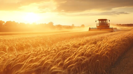 Fototapeta premium A bright orange combine harvester working in a golden wheat field at sunset, creating dust in the warm evening glow.