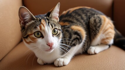 Adorable Calico Cat Relaxing on a Couch