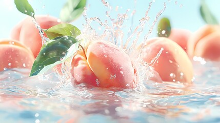 Fototapeta premium Fresh, ripe peaches splashing in clear water with vibrant green leaves, creating a refreshing summer vibe.