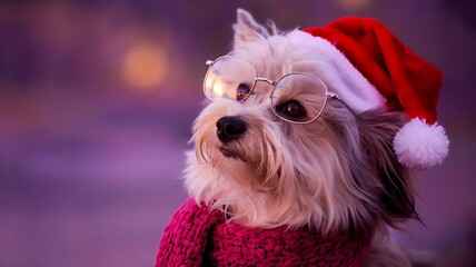 yorkshire terrier in santa hat. Dog in Santa hat, wearing Christmas dress	