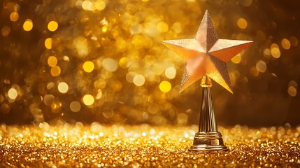 A sparkling gold star trophy shining against a glittery golden background.