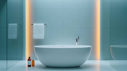 Fototapeta premium A modern, sleek bathroom featuring a luxurious white bathtub with ambient lighting, creating a clean and serene ambience.