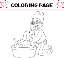 happy grandmother bathing dog coloring page for kids