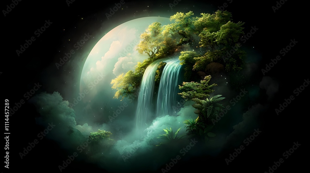 Poster serene emerald hued planet with cascading waterfalls luminous flora and crystalline structures rende