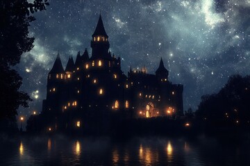 Mystical castle illuminated under a starry night sky. Generative AI