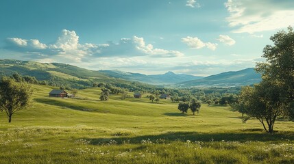 Fototapeta premium Scenic landscape of rolling green hills, scattered houses, and lush trees under a bright blue sky.