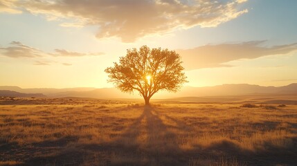 Solitary Tree Silhouetted Against Sunset Over Golden Field