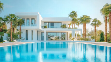 Fototapeta premium white villa with impressive garden and pool