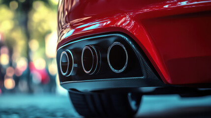Close-Up View of a Sleek Red Sports Car Exhaust System Highlighting Dual Chrome Tailpipes and Carbon Fiber Details in an Urban Setting with Blurred Background