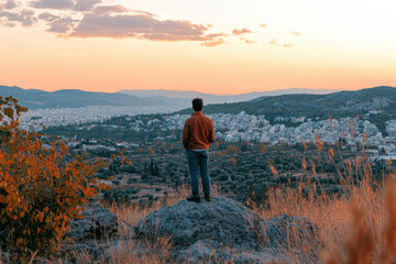 Fototapeta premium Man Standing on Rock Overlooking Foggy Landscape