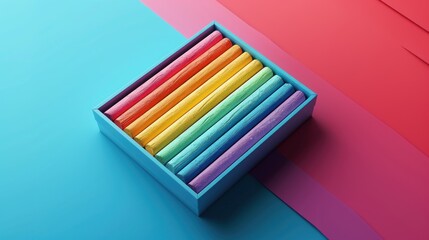 A colorful box of chalk sticks arranged in a vibrant gradient on a contrasting background.