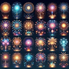 Naklejka premium Big set of various fireworks with brightly shining sparks. Colorful pyrotechnics show. Realistic fireworks celebration isolated vector illustration. Beautiful light performance in night sky.