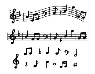 Music notes icon on wavy lines, music notes symbols