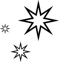 Obraz premium Minimalist silhouette stars icon set, twinkle shining star shape symbols, icons, elements. Modern geometric sparkle black silhouettes sign