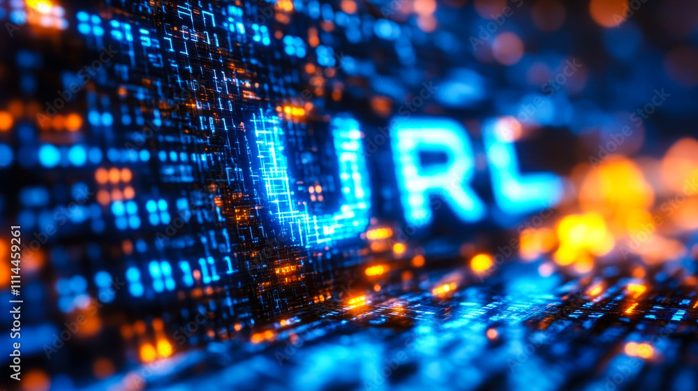 Poster digital matrix binary code forming url acronym in blue - symbolizing uniform resource locator concep