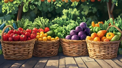 Colorful baskets of fresh vegetables and fruits arranged in a vibrant market setting.