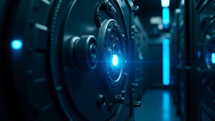 A robotic arm uses lasers to breach a glowing blue security lock inside a high-tech bank vault, reflecting a neon glow.