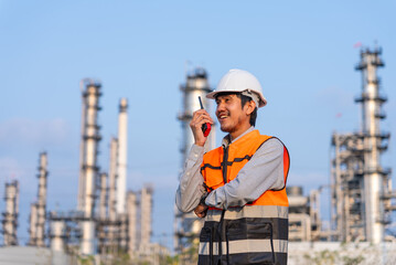 Happy handsome Asian man petrochemical engineer using walkie talkie with petroleum oil refinery in industrial estate background. Engineers at industry manufacturing.